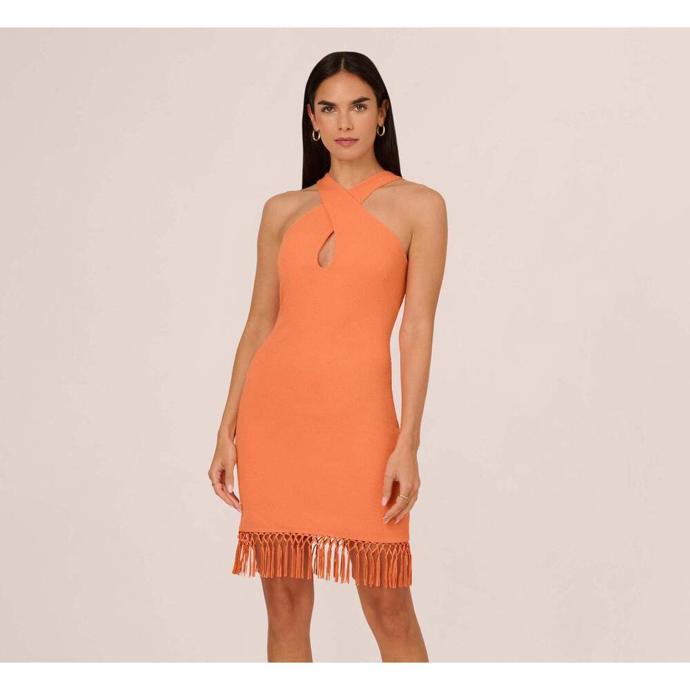 Adrianna Papell Rib Knit Halter Dress With Fringe Skirt In Tangerine Size 8Tange